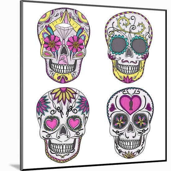 Mexican Skull Set. Colorful Skulls With Flower And Heart Ornamens. Sugar Skulls-cherry blossom girl-Mounted Art Print