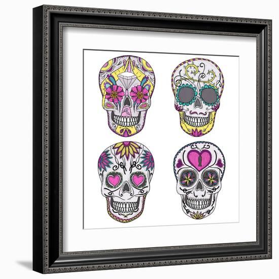 Mexican Skull Set. Colorful Skulls With Flower And Heart Ornamens. Sugar Skulls-cherry blossom girl-Framed Art Print