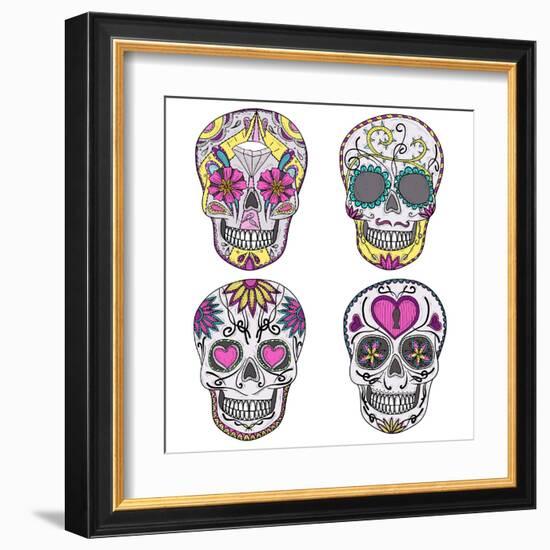 Mexican Skull Set. Colorful Skulls With Flower And Heart Ornamens. Sugar Skulls-cherry blossom girl-Framed Art Print