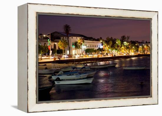 Mexico, Baja California Sur, La Paz. Boats and the Malecon seaside promenade. Sunset.-Merrill Images-Framed Premier Image Canvas