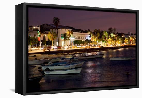 Mexico, Baja California Sur, La Paz. Boats and the Malecon seaside promenade. Sunset.-Merrill Images-Framed Premier Image Canvas