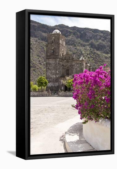 Mexico, Baja California Sur, Sea of Cortez. Mission San Francisco Javier with bougainvillea blooms-Trish Drury-Framed Premier Image Canvas