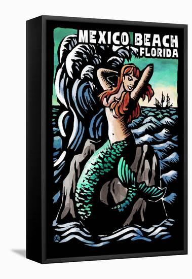 Mexico Beach, Florida - Mermaid - Scratchboard-Lantern Press-Framed Stretched Canvas