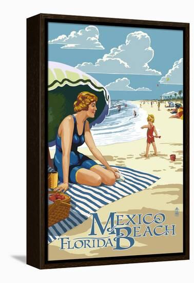 Mexico Beach, Florida - Woman and Beach Scene-Lantern Press-Framed Stretched Canvas
