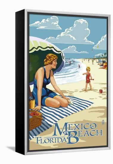 Mexico Beach, Florida - Woman and Beach Scene-Lantern Press-Framed Stretched Canvas