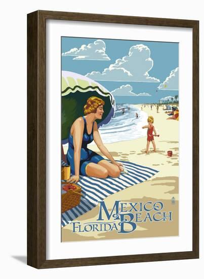 Mexico Beach, Florida - Woman and Beach Scene-Lantern Press-Framed Art Print