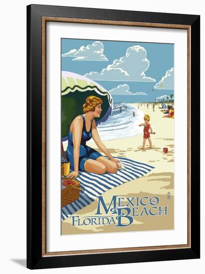 Mexico Beach, Florida - Woman and Beach Scene-Lantern Press-Framed Art Print