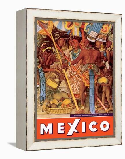 Mexico City - National Palace Mural Detail - Aztec Indians - Vintage Travel Poster, 1950s-Diego Rivera-Framed Stretched Canvas