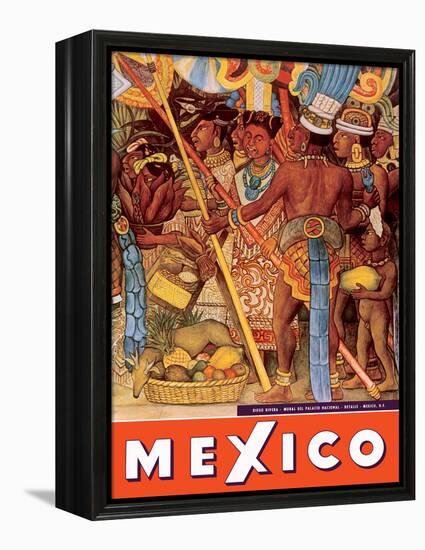 Mexico City - National Palace Mural Detail - Aztec Indians - Vintage Travel Poster, 1950s-Diego Rivera-Framed Stretched Canvas