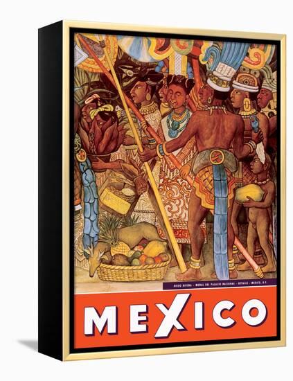 Mexico City - National Palace Mural Detail - Aztec Indians - Vintage Travel Poster, 1950s-Diego Rivera-Framed Stretched Canvas