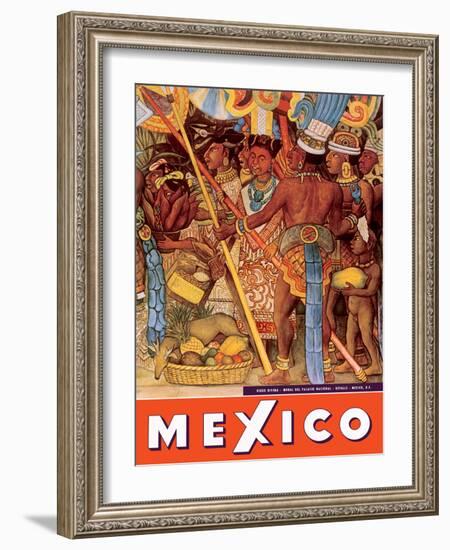 Mexico City - National Palace Mural Detail - Aztec Indians - Vintage Travel Poster, 1950s-Diego Rivera-Framed Art Print