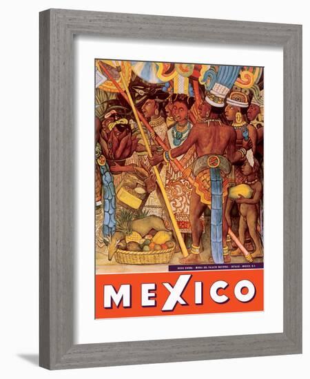 Mexico City - National Palace Mural Detail - Aztec Indians - Vintage Travel Poster, 1950s-Diego Rivera-Framed Art Print