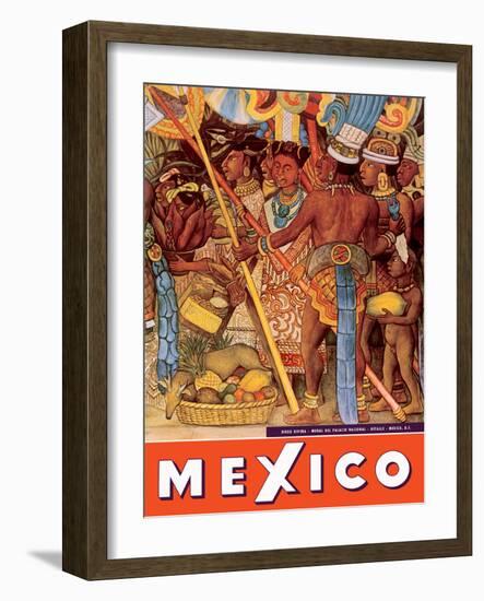 Mexico City - National Palace Mural Detail - Aztec Indians - Vintage Travel Poster, 1950s-Diego Rivera-Framed Art Print