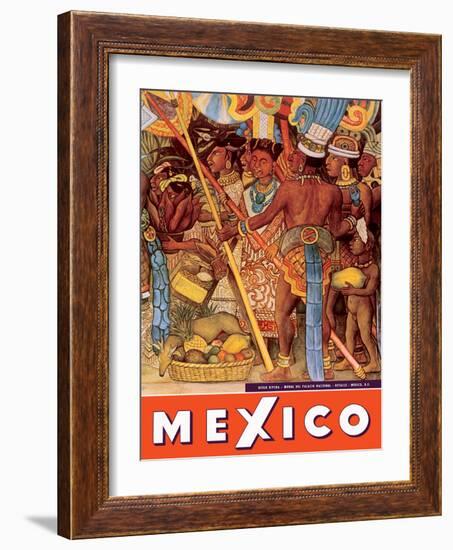 Mexico City - National Palace Mural Detail - Aztec Indians - Vintage Travel Poster, 1950s-Diego Rivera-Framed Art Print