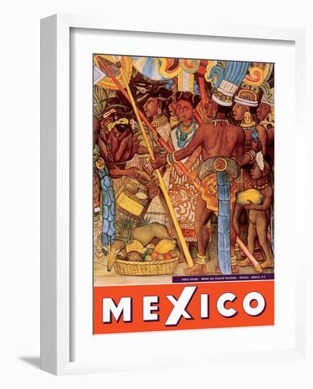 Mexico City - National Palace Mural Detail - Aztec Indians - Vintage Travel Poster, 1950s-Diego Rivera-Framed Art Print