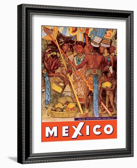 Mexico City - National Palace Mural Detail - Aztec Indians - Vintage Travel Poster, 1950s-Diego Rivera-Framed Art Print