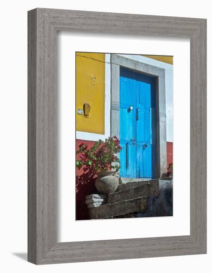 Mexico, Guanajuato the Colorful Homes and Buildings, Blue Front Door with Plant on Steps-Judith Zimmerman-Framed Photographic Print