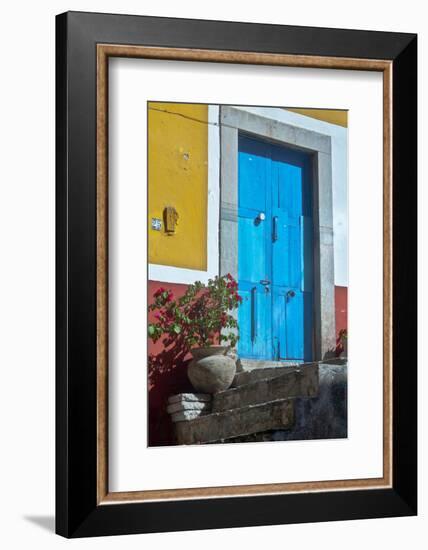 Mexico, Guanajuato the Colorful Homes and Buildings, Blue Front Door with Plant on Steps-Judith Zimmerman-Framed Photographic Print