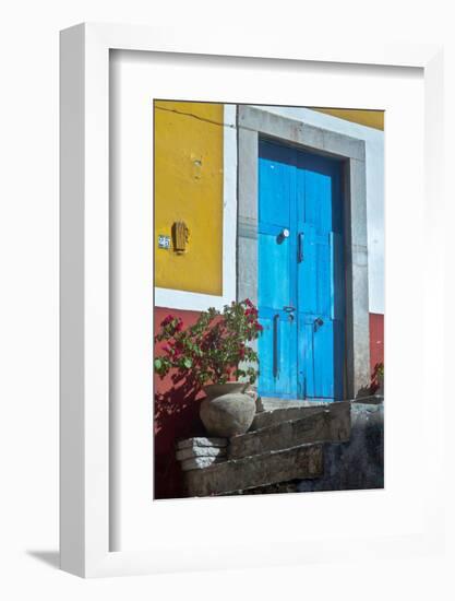 Mexico, Guanajuato the Colorful Homes and Buildings, Blue Front Door with Plant on Steps-Judith Zimmerman-Framed Photographic Print