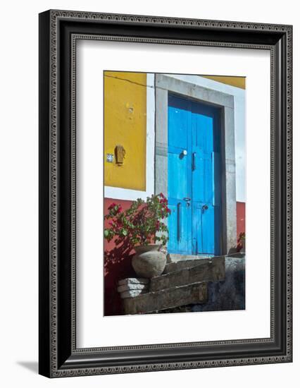 Mexico, Guanajuato the Colorful Homes and Buildings, Blue Front Door with Plant on Steps-Judith Zimmerman-Framed Photographic Print