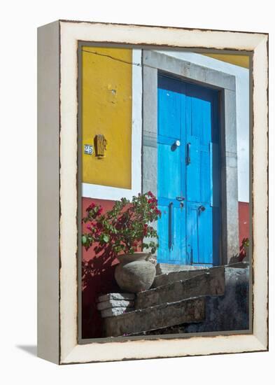 Mexico, Guanajuato the Colorful Homes and Buildings, Blue Front Door with Plant on Steps-Judith Zimmerman-Framed Premier Image Canvas