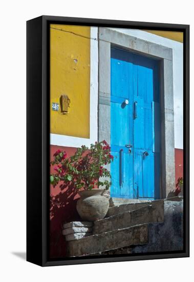 Mexico, Guanajuato the Colorful Homes and Buildings, Blue Front Door with Plant on Steps-Judith Zimmerman-Framed Premier Image Canvas