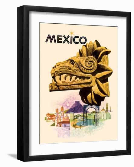 Mexico - Kukulkan Feathered Serpent - Mayan Snake Deity, Vintage Travel Poster, 1963-Howard Koslow-Framed Art Print