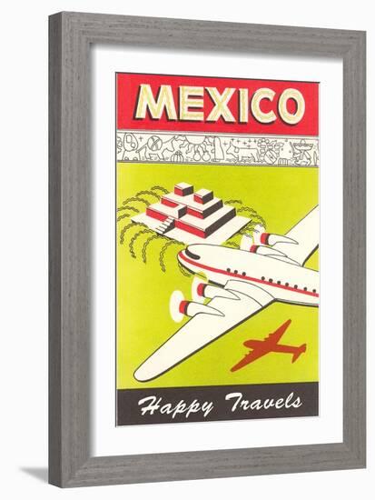 Mexico, Plane over Pyramid, Happy Travels-null-Framed Premium Giclee Print