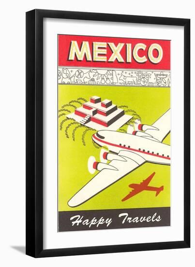 Mexico, Plane over Pyramid, Happy Travels-null-Framed Premium Giclee Print