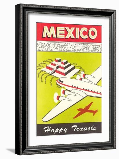 Mexico, Plane over Pyramid, Happy Travels-null-Framed Premium Giclee Print