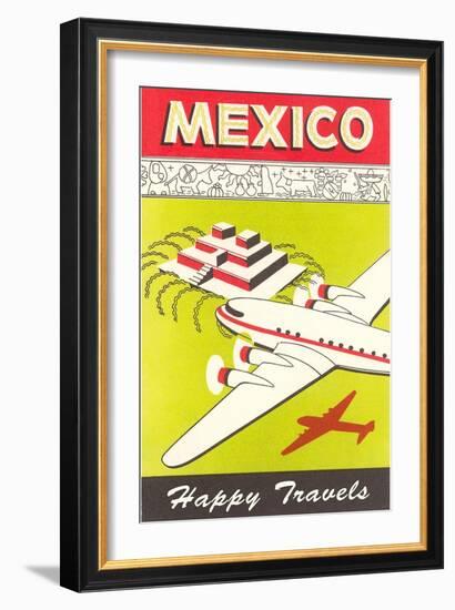 Mexico, Plane over Pyramid, Happy Travels-null-Framed Premium Giclee Print