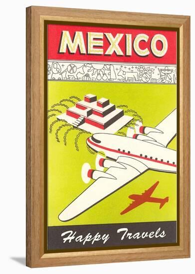 Mexico, Plane over Pyramid, Happy Travels-null-Framed Stretched Canvas