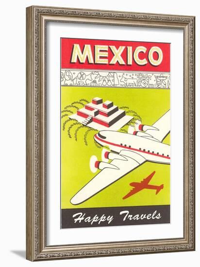 Mexico, Plane over Pyramid, Happy Travels-null-Framed Art Print