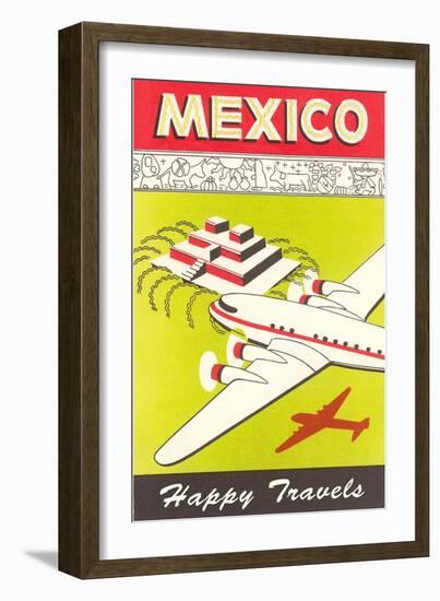 Mexico, Plane over Pyramid, Happy Travels-null-Framed Art Print