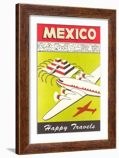 Mexico, Plane over Pyramid, Happy Travels-null-Framed Art Print