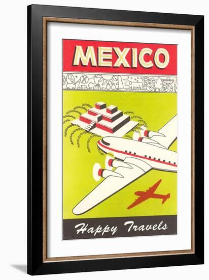 Mexico, Plane over Pyramid, Happy Travels-null-Framed Art Print