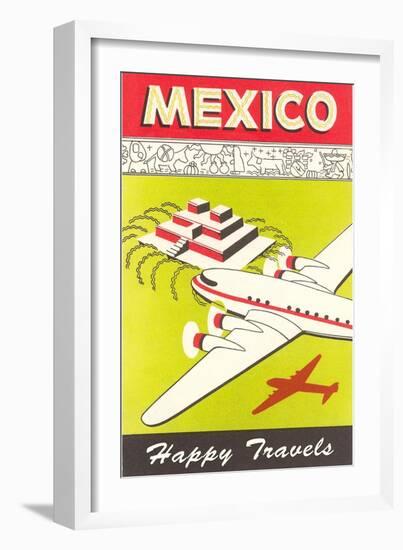 Mexico, Plane over Pyramid, Happy Travels-null-Framed Art Print