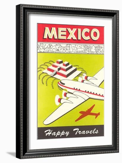 Mexico, Plane over Pyramid, Happy Travels-null-Framed Art Print