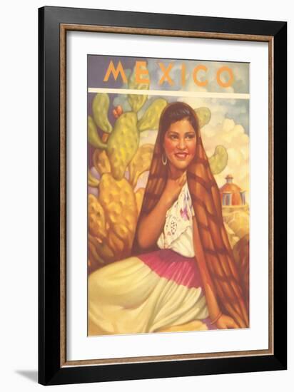 Mexico: Young Girl and Cactus , Poster Style-null-Framed Premium Giclee Print