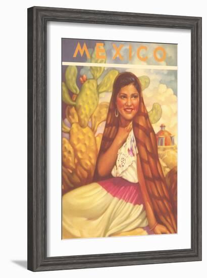 Mexico: Young Girl and Cactus , Poster Style--Framed Art Print