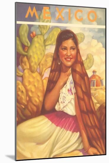 Mexico: Young Girl and Cactus , Poster Style-null-Mounted Art Print