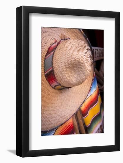 Mexico, Yucatan, Isla Mujeres, straw hat and colorful blankets.-Merrill Images-Framed Photographic Print