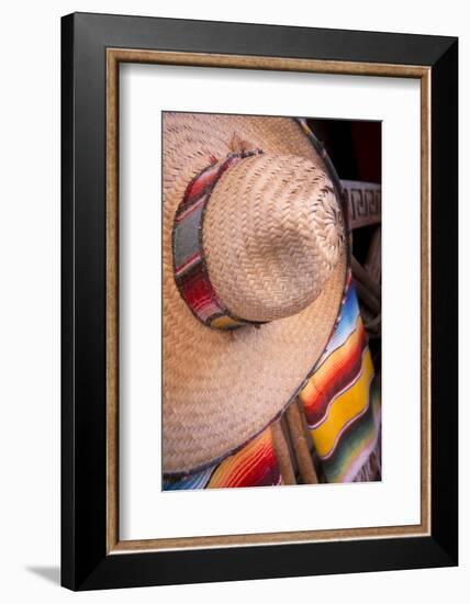 Mexico, Yucatan, Isla Mujeres, straw hat and colorful blankets.-Merrill Images-Framed Photographic Print