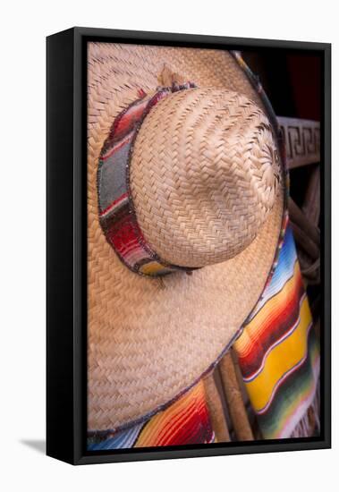 Mexico, Yucatan, Isla Mujeres, straw hat and colorful blankets.-Merrill Images-Framed Premier Image Canvas