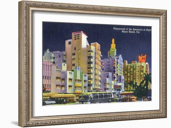 Miami Beach, Florida - City Scene at Night-Lantern Press-Framed Art Print