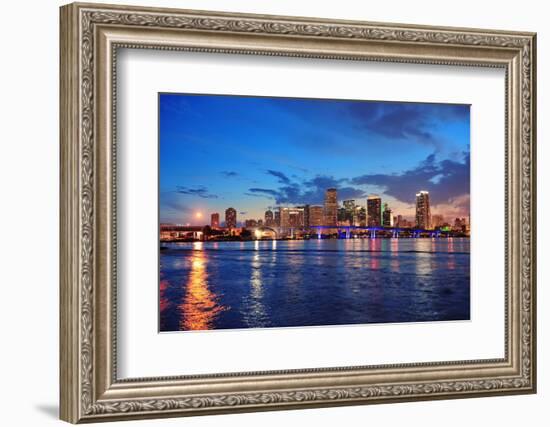 Miami City Skyline Panorama at Dusk with Urban Skyscrapers and Bridge over Sea with Reflection-Songquan Deng-Framed Photographic Print