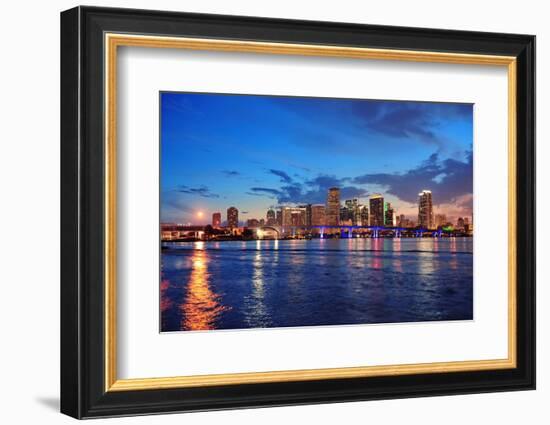 Miami City Skyline Panorama at Dusk with Urban Skyscrapers and Bridge over Sea with Reflection-Songquan Deng-Framed Photographic Print