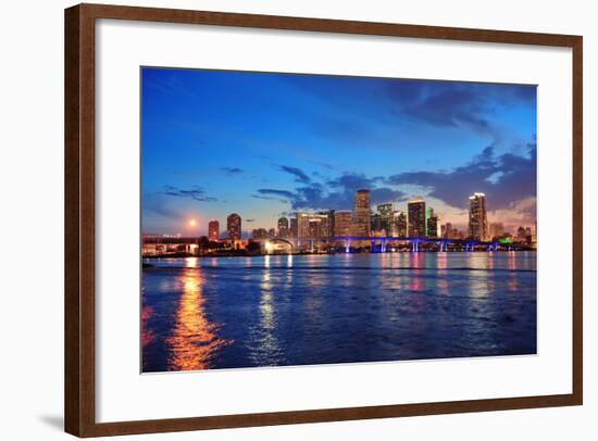 Miami City Skyline Panorama at Dusk with Urban Skyscrapers and Bridge over Sea with Reflection-Songquan Deng-Framed Photographic Print