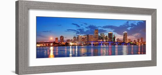 Miami City Skyline Panorama at Dusk with Urban Skyscrapers and Bridge over Sea with Reflection-Songquan Deng-Framed Photographic Print