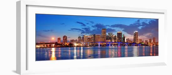 Miami City Skyline Panorama at Dusk with Urban Skyscrapers and Bridge over Sea with Reflection-Songquan Deng-Framed Photographic Print